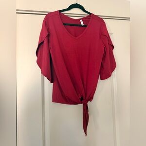 Tie-Front V-Neck Blouse in Deep Red